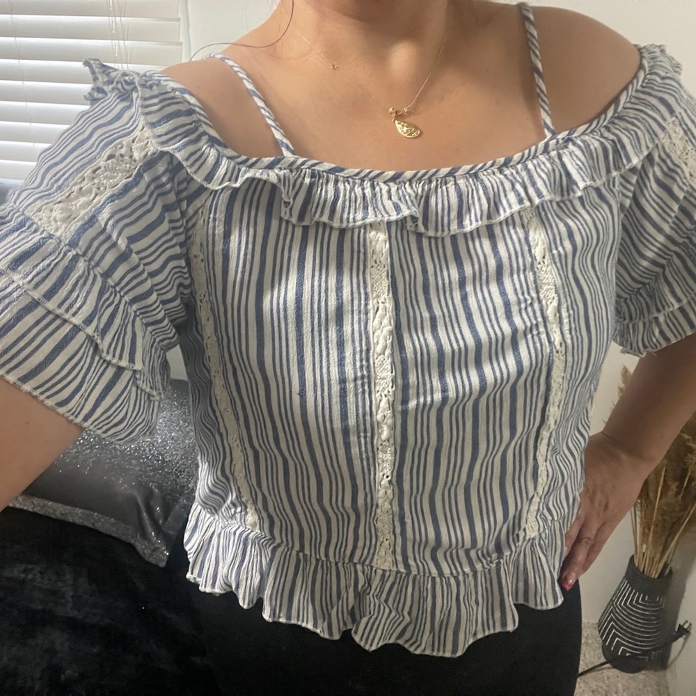 Blue and white striped crop top - Off-the-shoulder Boho style size XS